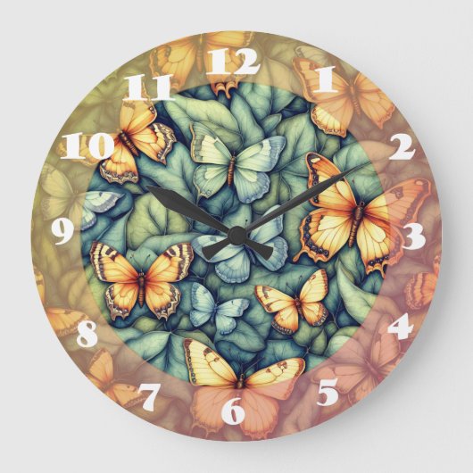 Schmetterlinge Muster Blau Grün Gelbe Schattierung Große Wanduhr (Vorderseite)