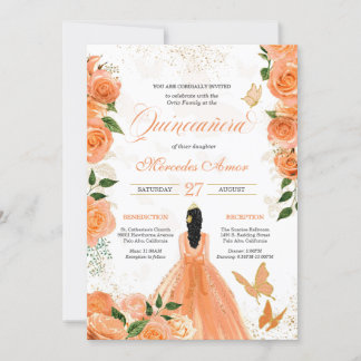 Schmetterlinge & PfirsichRose Einladung Quinceaner