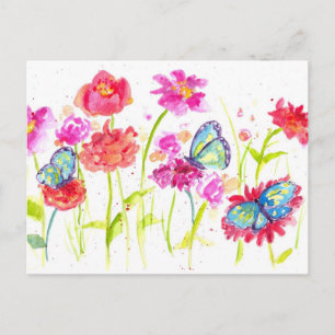 Schmetterlinge Rosa Aquarellfarben Wildblumen Postkarte