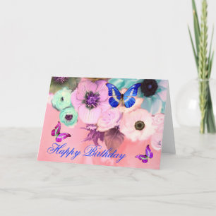 SCHMETTERLINGE, ROSA BLAUGRÜNE ROSEN UND ANEMONENB KARTE