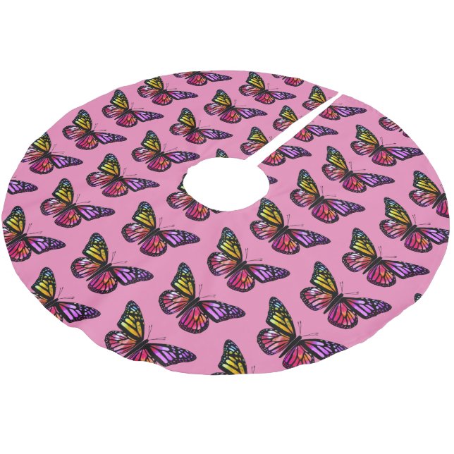 Schmetterlinge rosa farbiges Muster Polyester Weihnachtsbaumdecke (Schrägansicht)
