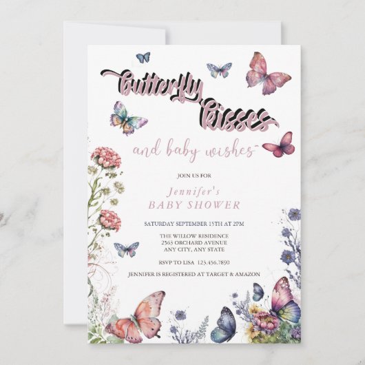 Schmetterlinge Rosa Lila | Floral Baby Dusche Einladung (Vorderseite)