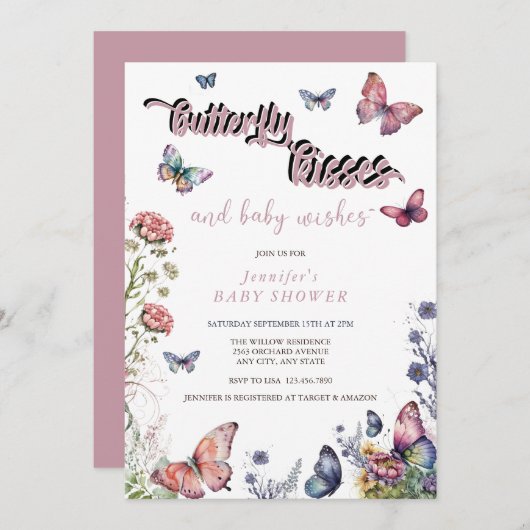 Schmetterlinge Rosa Lila | Floral Baby Dusche Einladung (Vorne/Hinten)