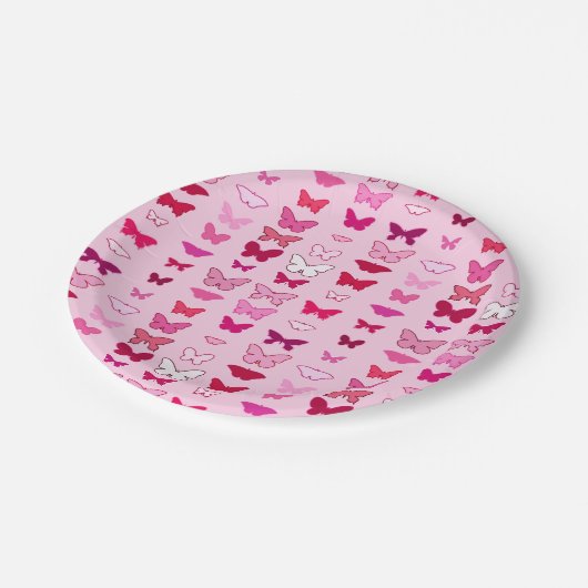 Schmetterlinge, Rosa- und Fuchsienfarben Pappteller (Schrägansicht)