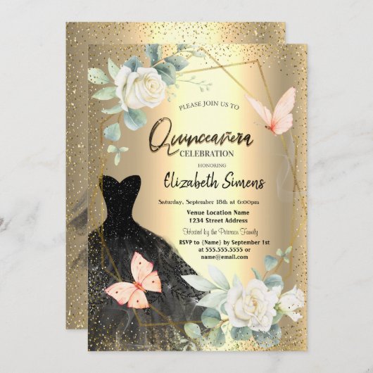 Schmetterlinge Rose Schwarzes Kleid Quinceañera Einladung (Vorne/Hinten)