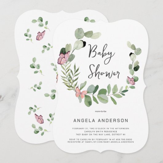 Schmetterlinge rund um die Babyduschhalterung Einladung (Vorne/Hinten)