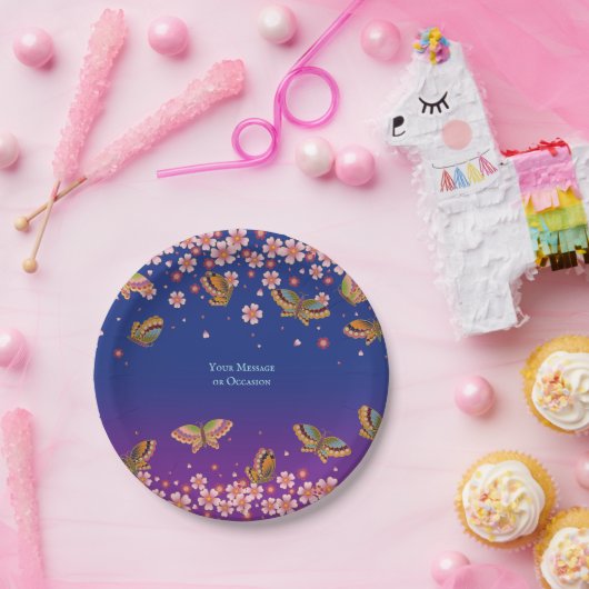 Schmetterlinge Sakura Blüten Blau Personalisiert Pappteller (Party)