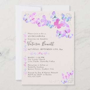 Schmetterlinge Silver Confetti Quinceanera und Mas Einladung