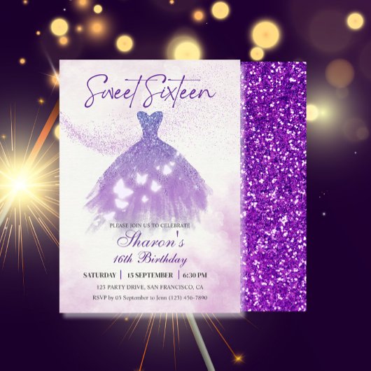 Schmetterlinge Tanz Glitzer Lila Kleid Süß 16 Einladung