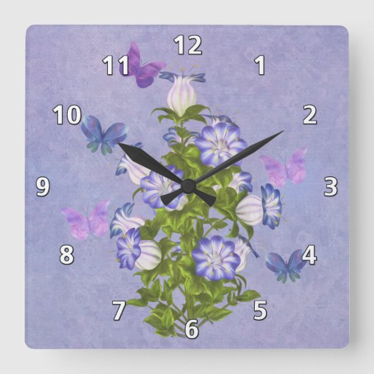 Schmetterlinge und Bell-Blumen Quadratische Wanduhr (Vorderseite)