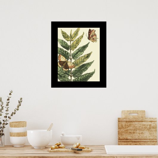 Schmetterlinge und Blätter mit schwarzem Rahmen Poster (Küche)