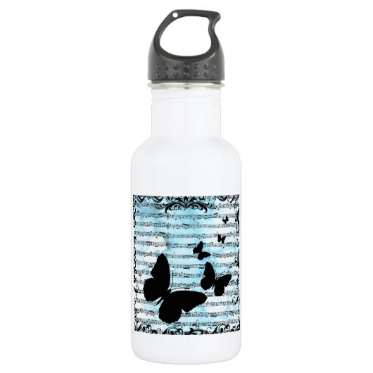 Schmetterlinge und blaue Notizen Edelstahlflasche (Vorderseite)
