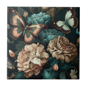 Schmetterlinge und Blume dunkles klassisches Desig Fliese