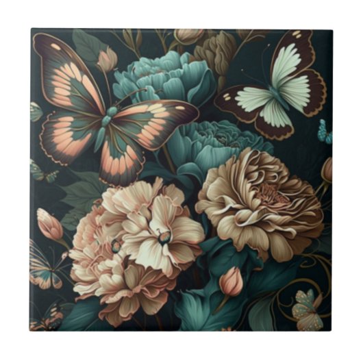Schmetterlinge und Blume dunkles klassisches Desig Fliese (Vorderseite)