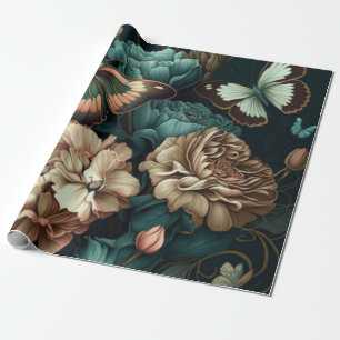 Schmetterlinge und Blume dunkles klassisches Desig Geschenkpapier