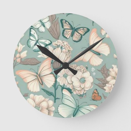 Schmetterlinge und Blume helle grüne Dekoration Runde Wanduhr (Vorderseite)