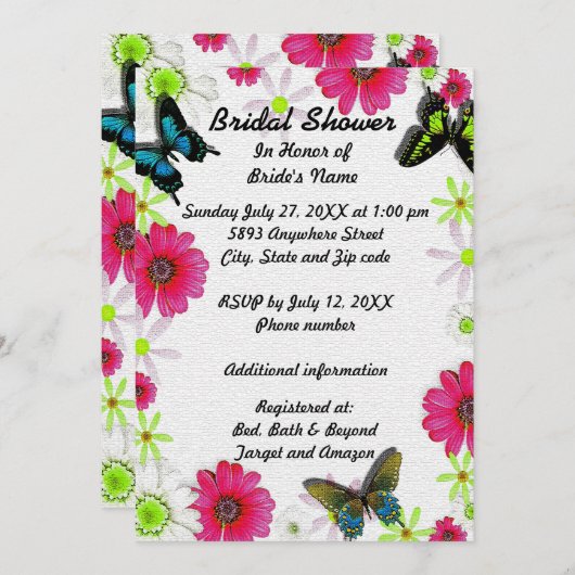 Schmetterlinge und Blume im mosaikischen Brautpart Einladung (Vorne/Hinten)