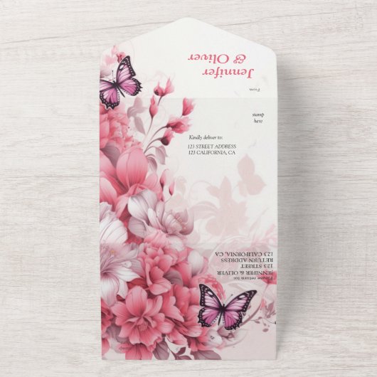 Schmetterlinge und Blume in verschiedenen Farbtöne All In One Einladung (Außenbereich)