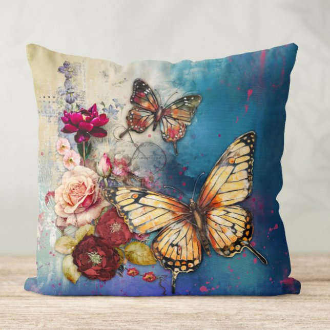 Schmetterlinge und Blume Kissen (Mixed media butterflies and flowers pillow)