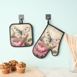 Schmetterlinge und Blume Ofenhandschuh & Topflappen-Set