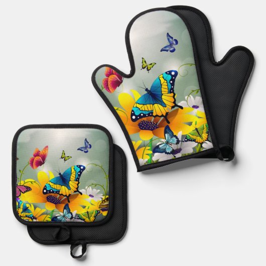 Schmetterlinge und Blume Ofenhandschuh & Topflappen-Set (Vorderseite/Rückseite)