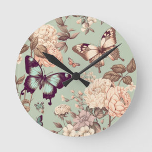 Schmetterlinge und Blume pastellgrün Runde Wanduhr