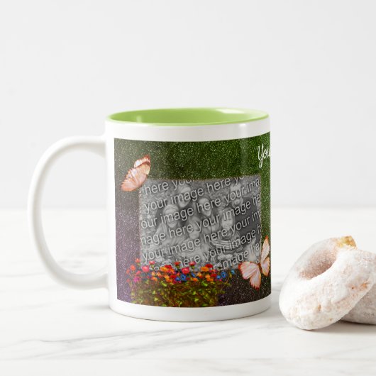 Schmetterlinge und Blume Personalisiertes Foto Zweifarbige Tasse (Mit Donut)