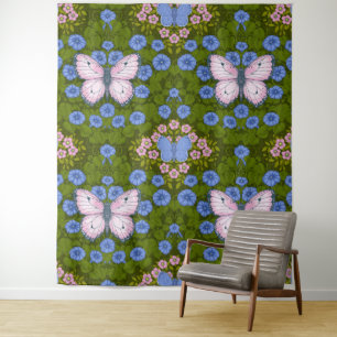 Schmetterlinge und Blume Symmetrie, blau und rosa Wandteppich