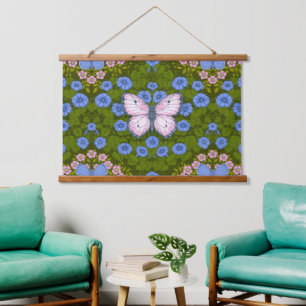 Schmetterlinge und Blume Symmetrie, blau und rosa Wandteppich Mit Holzrahmen
