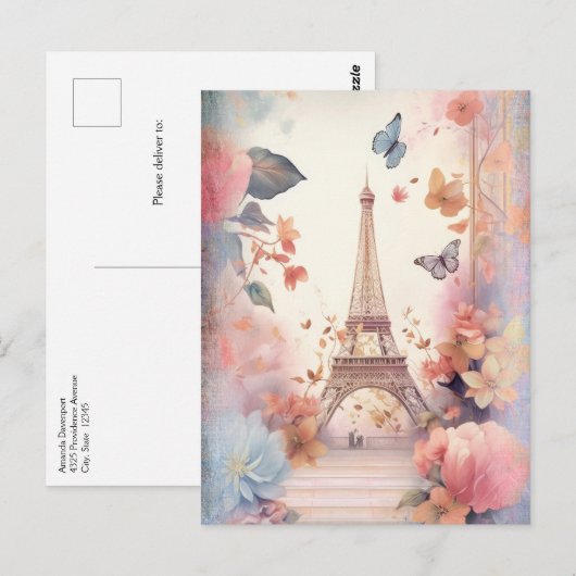 Schmetterlinge und Blumen des Eiffelturms Postkarte (Vorne/Hinten)