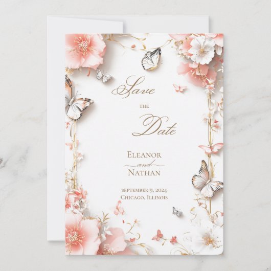 Schmetterlinge und blumengeschmückte Save the Date Einladung (Vorderseite)