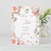 Schmetterlinge und blumengeschmückte Save the Date Einladung (Stehend Vorderseite)