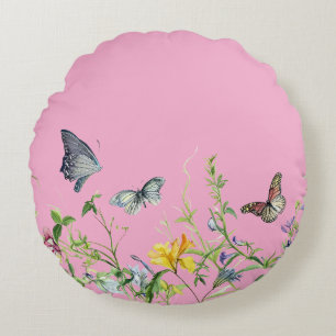 Schmetterlinge und Blüten der Blume (PINK BKGRD) Rundes Kissen