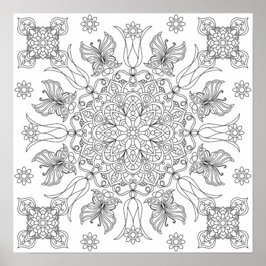 Schmetterlinge und Blüten Mandala Adult Coloring Poster (Vorne)