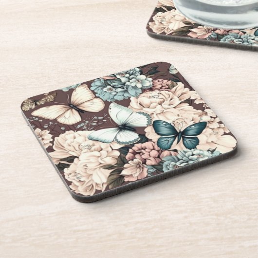 Schmetterlinge und braune Blume Getränkeuntersetzer (Linke Seite)