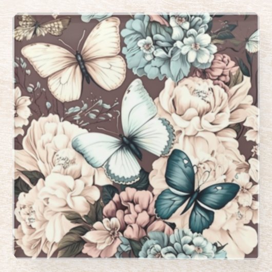 Schmetterlinge und braune Blume Glasuntersetzer (Vorderseite)