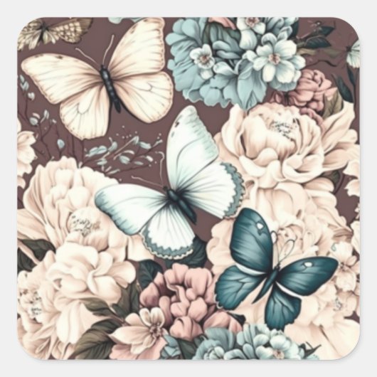 Schmetterlinge und braune Blume Quadratischer Aufkleber (Vorderseite)