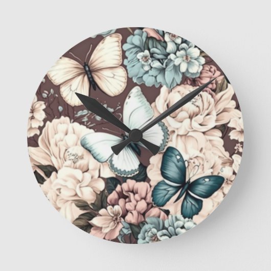 Schmetterlinge und braune Blume Runde Wanduhr (Vorderseite)