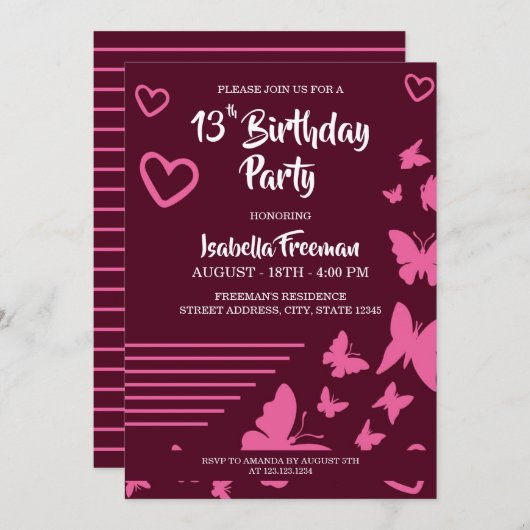 Schmetterlinge und Herz-Pink-Mädchen 13. Geburtsta Einladung (Vorne/Hinten)