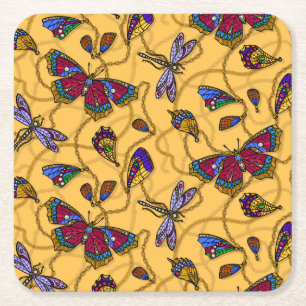 Schmetterlinge und Libellen auf Gelb Rechteckiger Pappuntersetzer