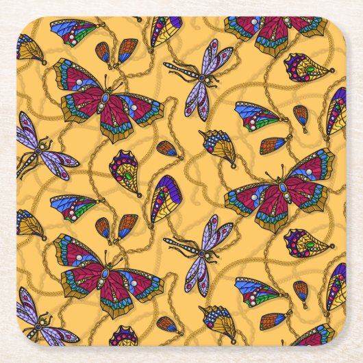 Schmetterlinge und Libellen auf Gelb Rechteckiger Pappuntersetzer (Vorderseite)