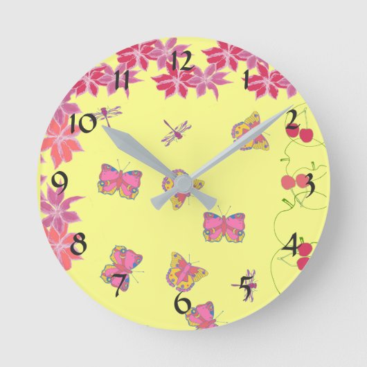 Schmetterlinge und Libellen, Wall Clock Runde Wanduhr (Vorderseite)