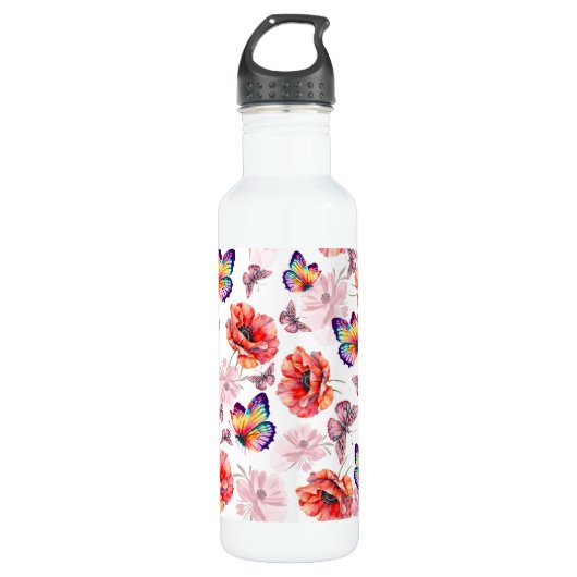 Schmetterlinge und Mohnblumen Edelstahlflasche (Vorderseite)