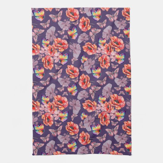 Schmetterlinge und Mohnblumen Geschirrtuch (Vertikal)