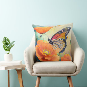 Schmetterlinge und Orange Mohn Botanisch Kissen