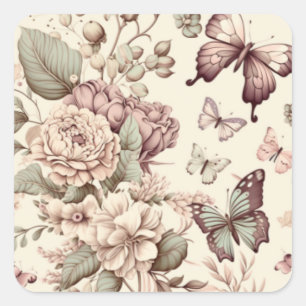 Schmetterlinge und pastellfarbene Blume Quadratischer Aufkleber