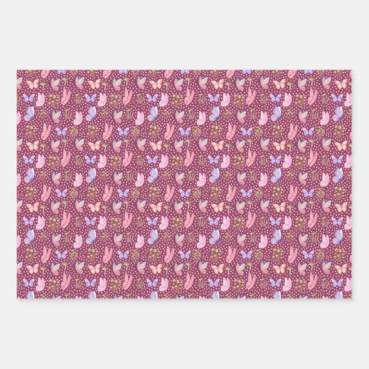 Schmetterlinge und Pilze auf dunkelrosa Geschenkpapier Set (Vorderseite 3)