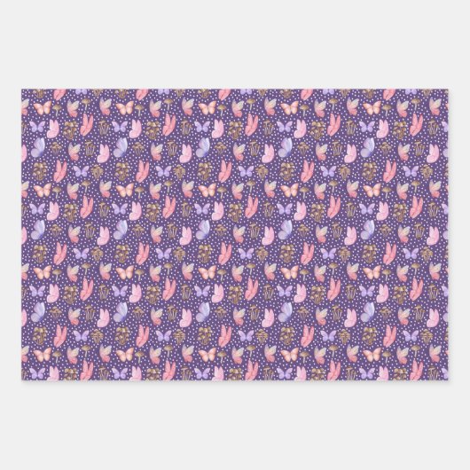 Schmetterlinge und Pilze auf dunklen Lila Geschenkpapier Set (Vorderseite 2)