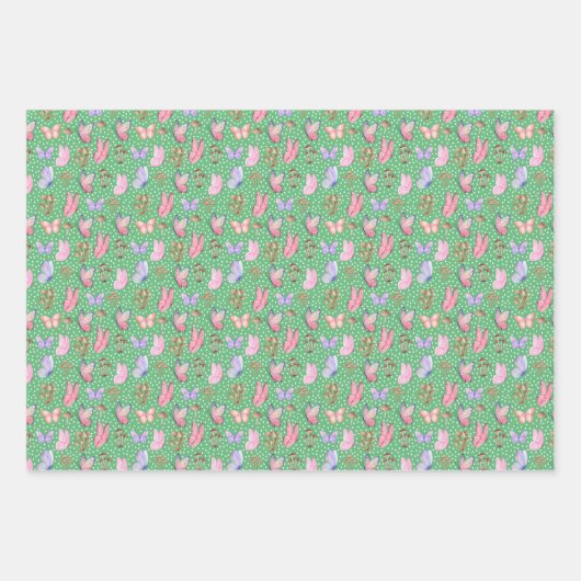 Schmetterlinge und Pilze auf Grün Geschenkpapier Set (Vorderseite 2)
