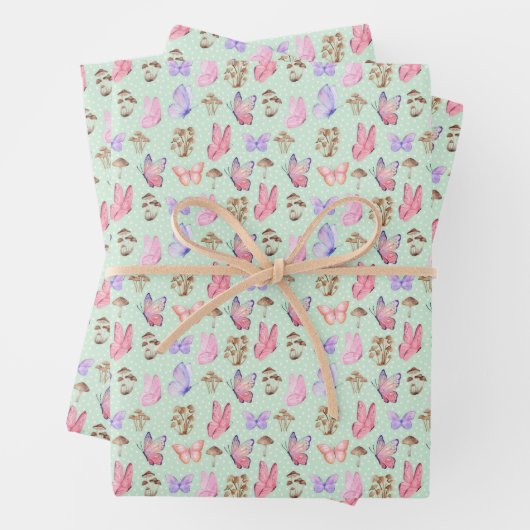Schmetterlinge und Pilze auf hellgrün Geschenkpapier Set (Beispiel)